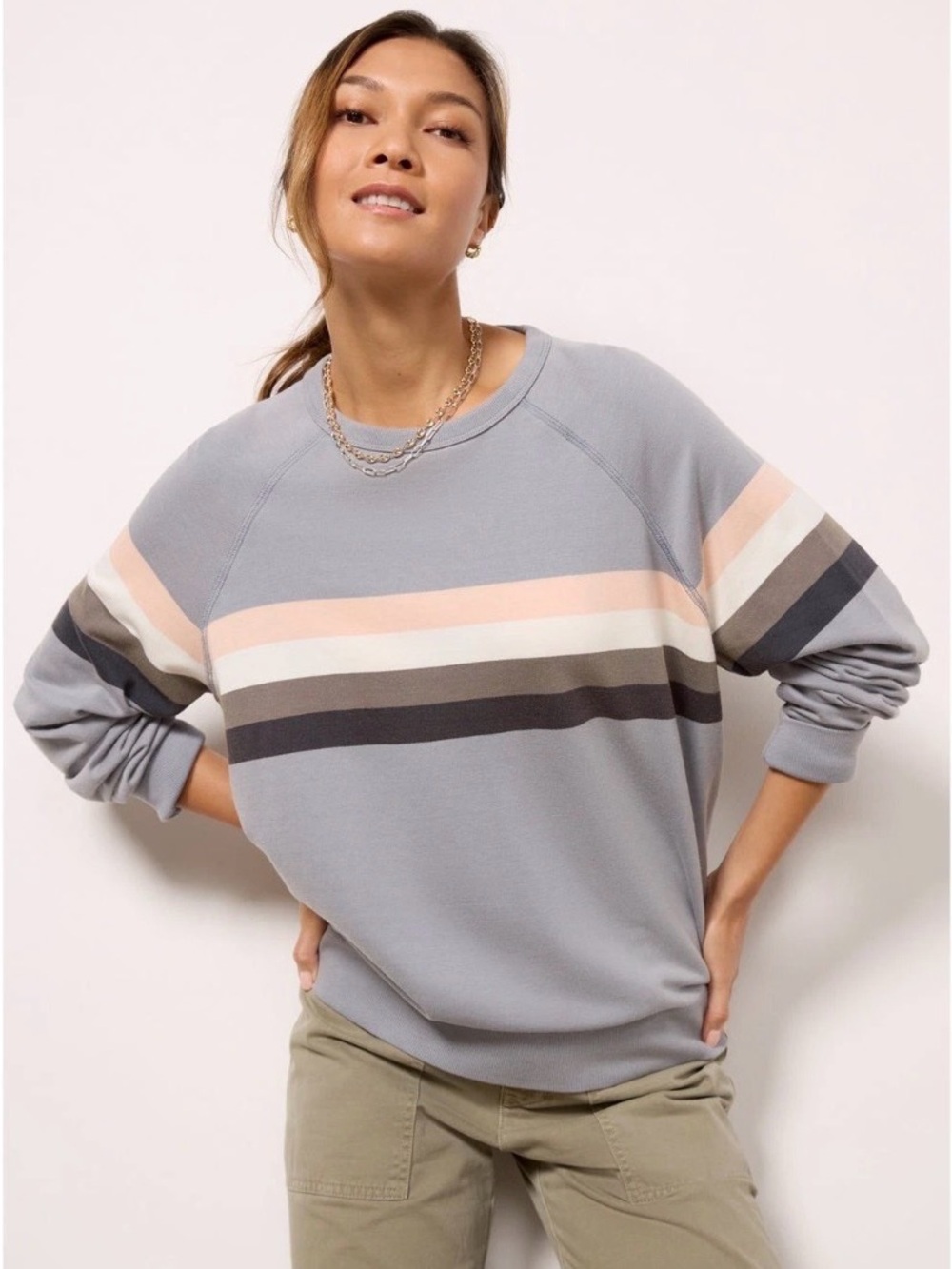 Fatherly Striped Cloud Crewneck Sweatshirt in Dusty Blue and Neutrals